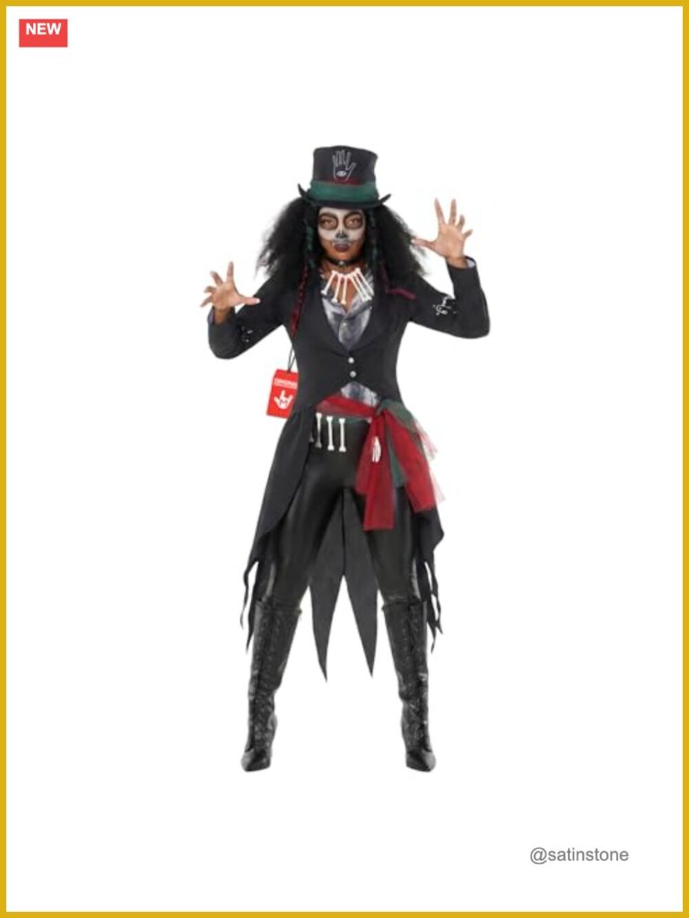 Voodoo Priestess Halloween Costume Set Tailcoat Waistcoat Bone Belt Choker